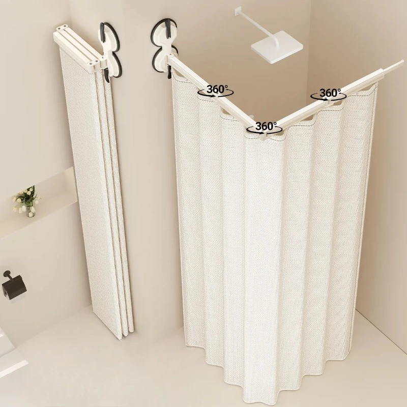 ‌Waterproof Shower Curtain with Suction Cups - Foldable Bathroom Partition No Drill Hanging, Space-Saving for Wet/Dry Separation