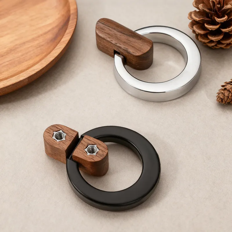 Modern Walnut Chrome-plated Cabinet Handle Bathroom Kitchen Home Decoration Simple Drawer Handle Bedside Table Drawer Pull Ring