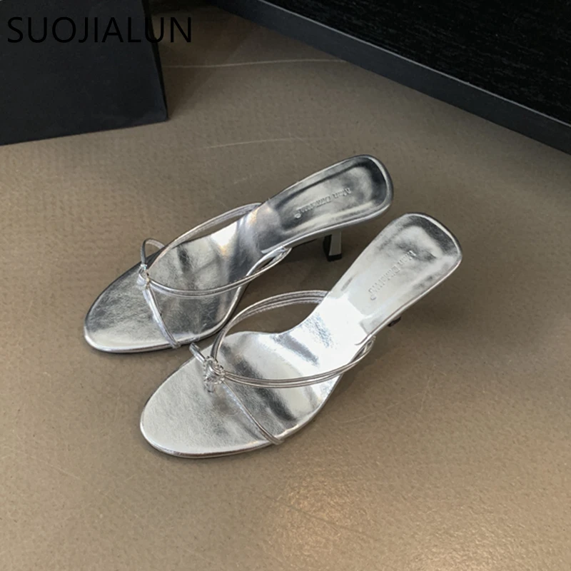 SUOJIALUN 2023 Summer New Women Slipper Fashion Narrow Band Ladies Elegant Sandal Shoes Thin High Heel Dress Slip  On Flip Flop