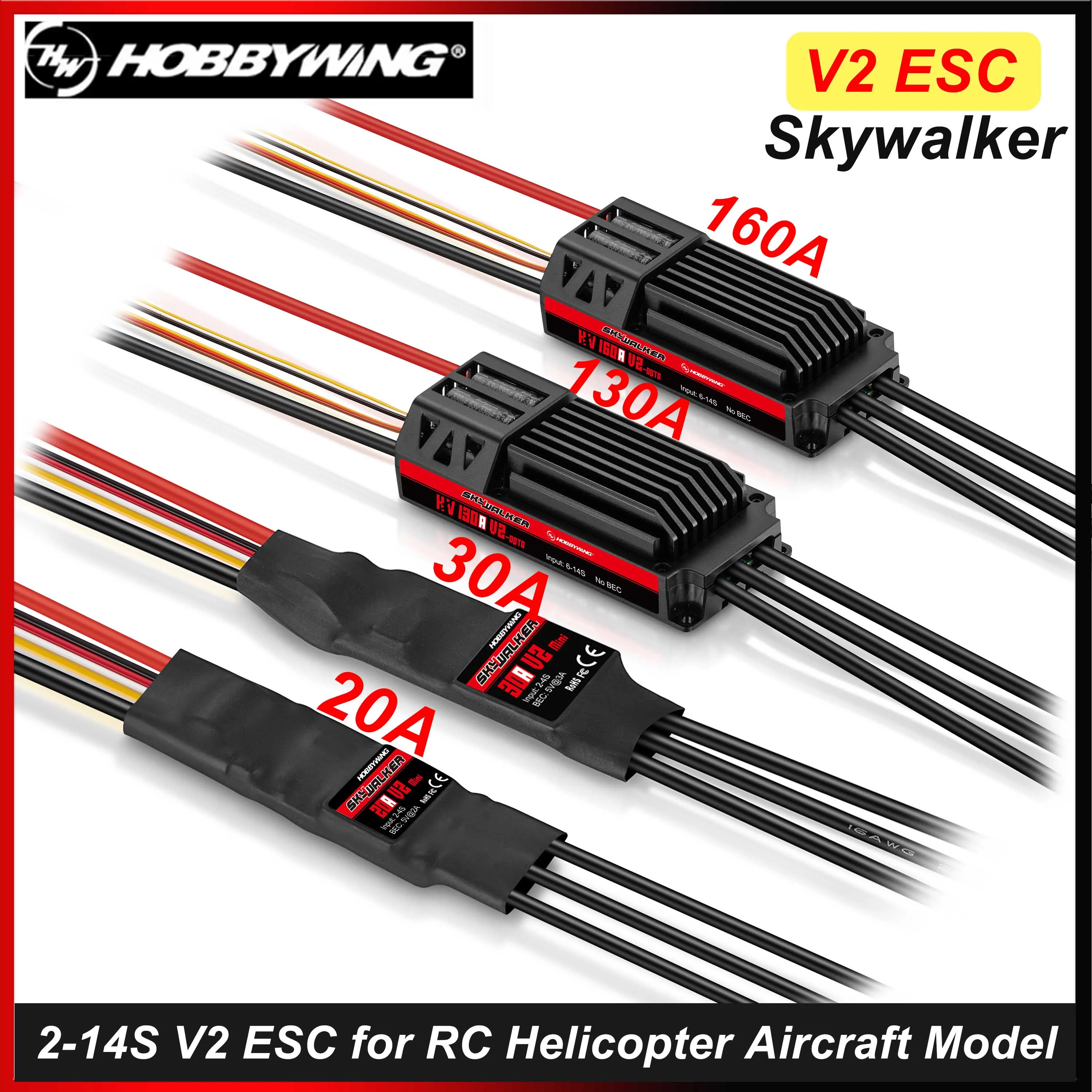 Hobbywing Skywalker 20A 30A 130A 160A V2 ESC 2-14S Speed Controller with UBEC for RC Fixed-wing Helicopter Aircraft Drone Model