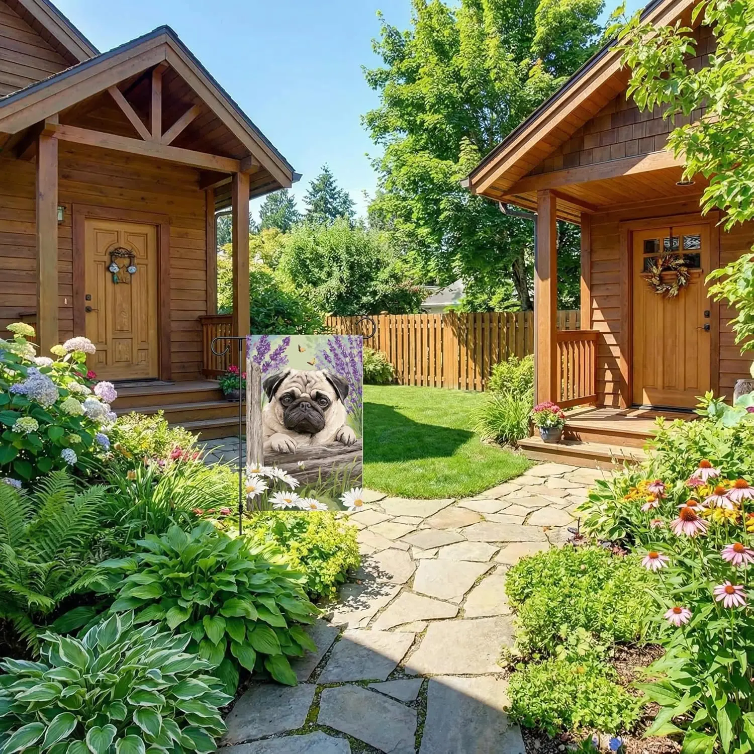 Welcome Spring Pug Dog Garden Flag 12x18-Inch Double-Sided Linen Summer Fence Lavender And Daisy Lawn Courtyard Decoration L PPM