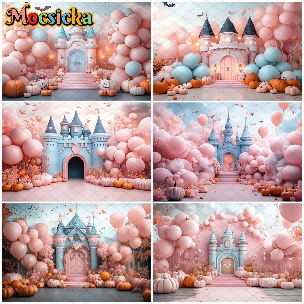 

Mocsicka Halloween Photography Background Pink Balloons Castle Pumpkin Party Decor Baby Shower Boy Girl Photo Backdrop Wallpaper