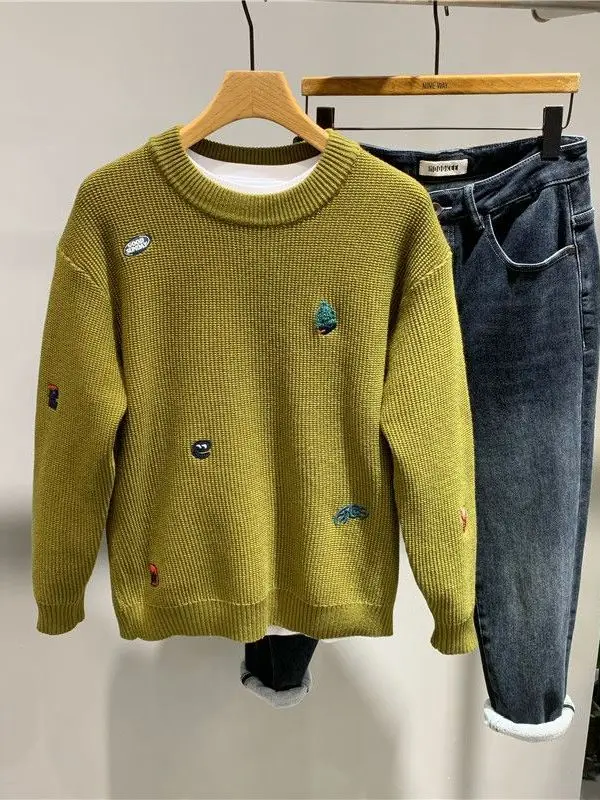 

Мужской элитный свитер-базовый слой из трикотажа с вышивкой, осенне-зимняя новинка, стильный, из полиэфирного волокна