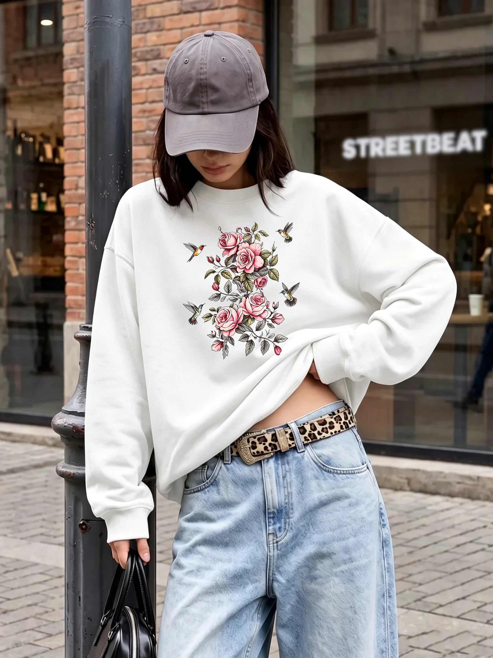 Rosa Rosen-Kolibri-Blumenmuster, Damen-Pullover mit Rundhalsausschnitt, Y2K-Sport-Sweatshirt, Herbst, lockere Kleidung, Fleece, Jogging, Streetwear – Detail 17