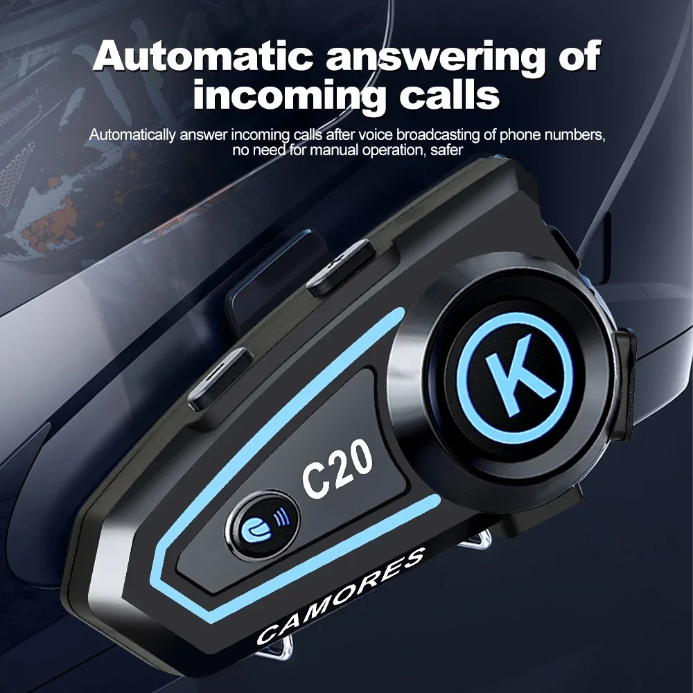 C20 Bluetooth Motorcycle Helmet Headset Stereo Hands Free Call Waterproof Roise Reduction Earphone with Tri-Color Ambient Light image 5