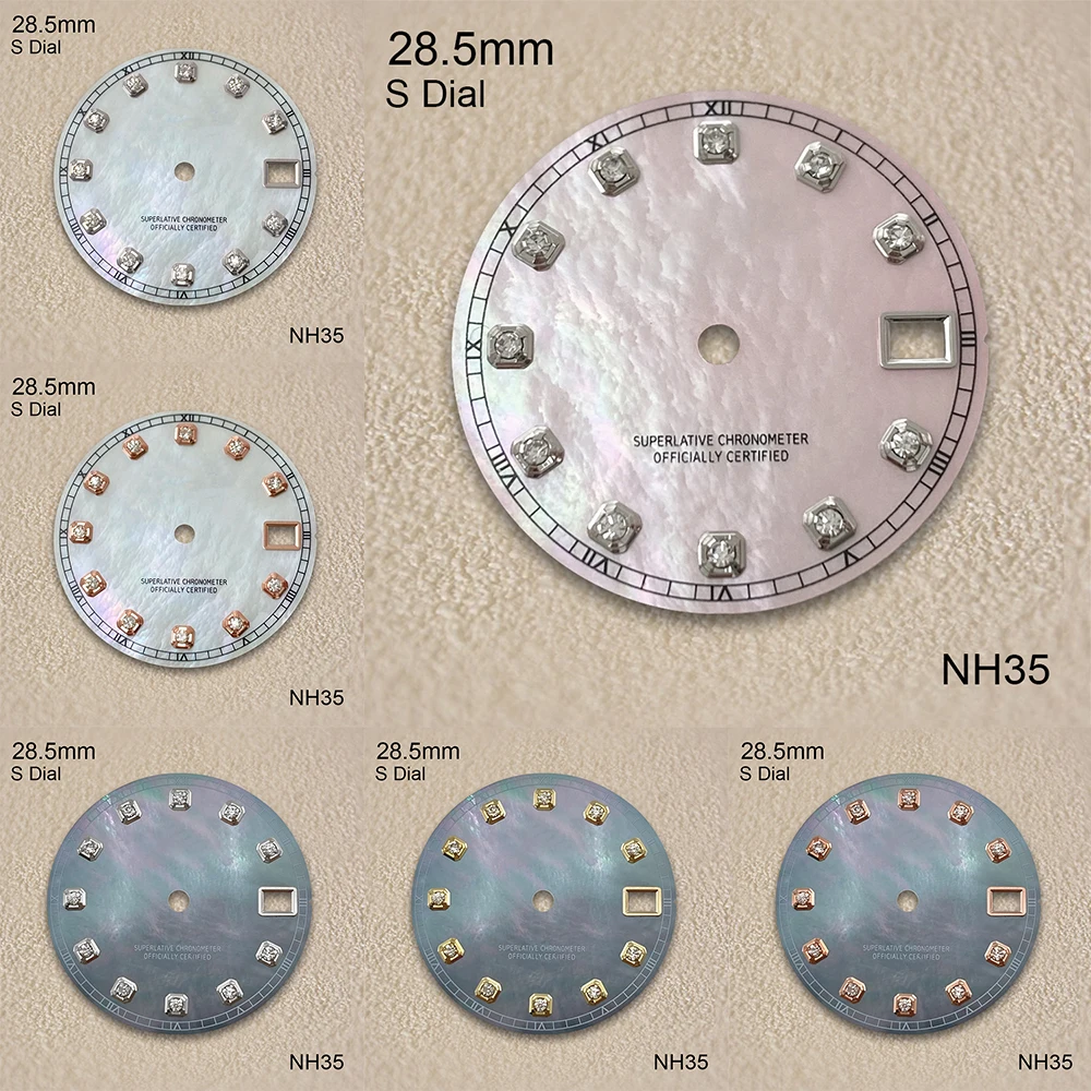 Mostrador de concha de diamante com logotipo s, 28.5mm, adequado para nh35/nh36/4r/7s, movimento japonês, acessórios de modificação de relógio de alta qualidade