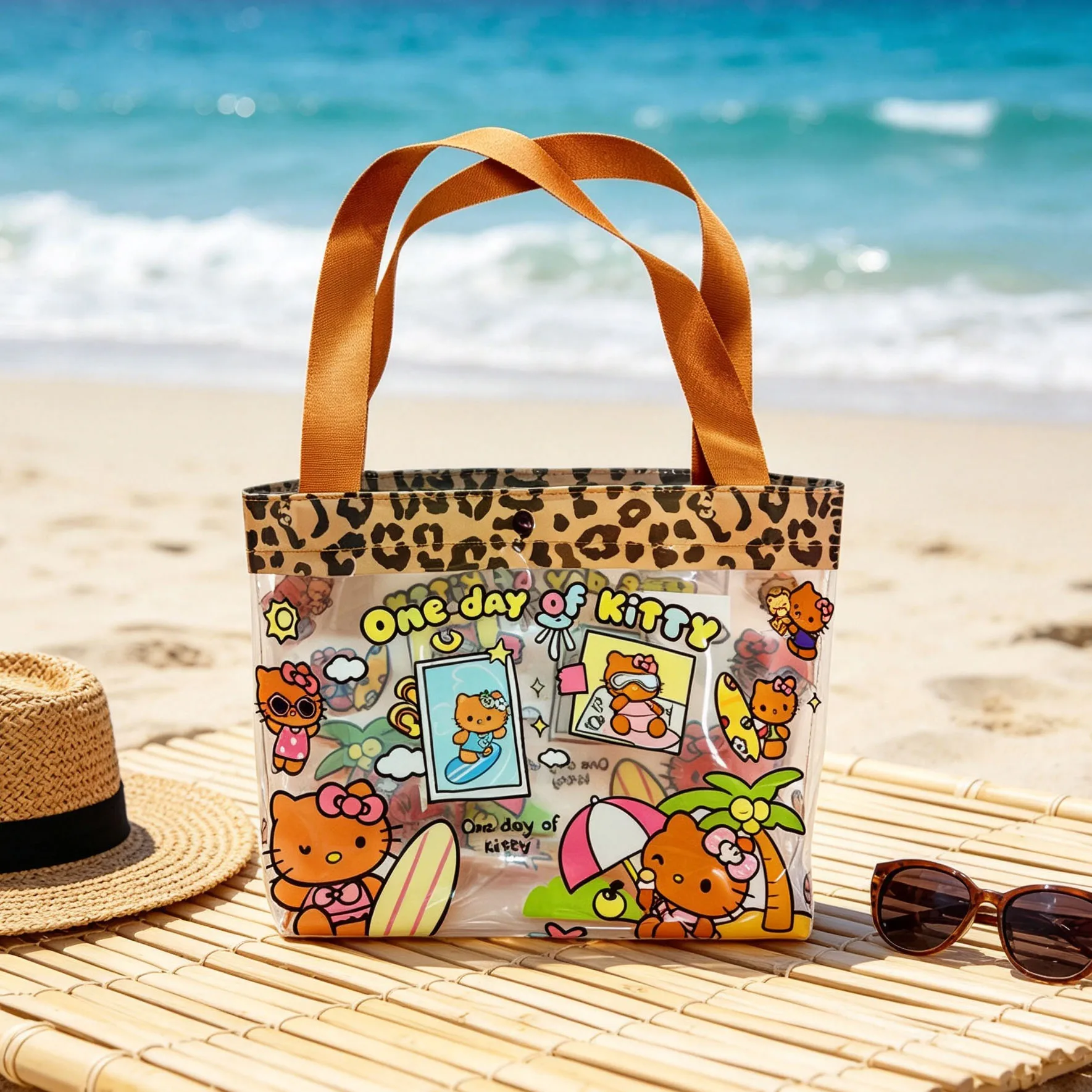 Hello kitty Transparent Handbag Cartoon Printed Waterproof Handbag Snap on Large Capacity Beach Shopping Bag view 5