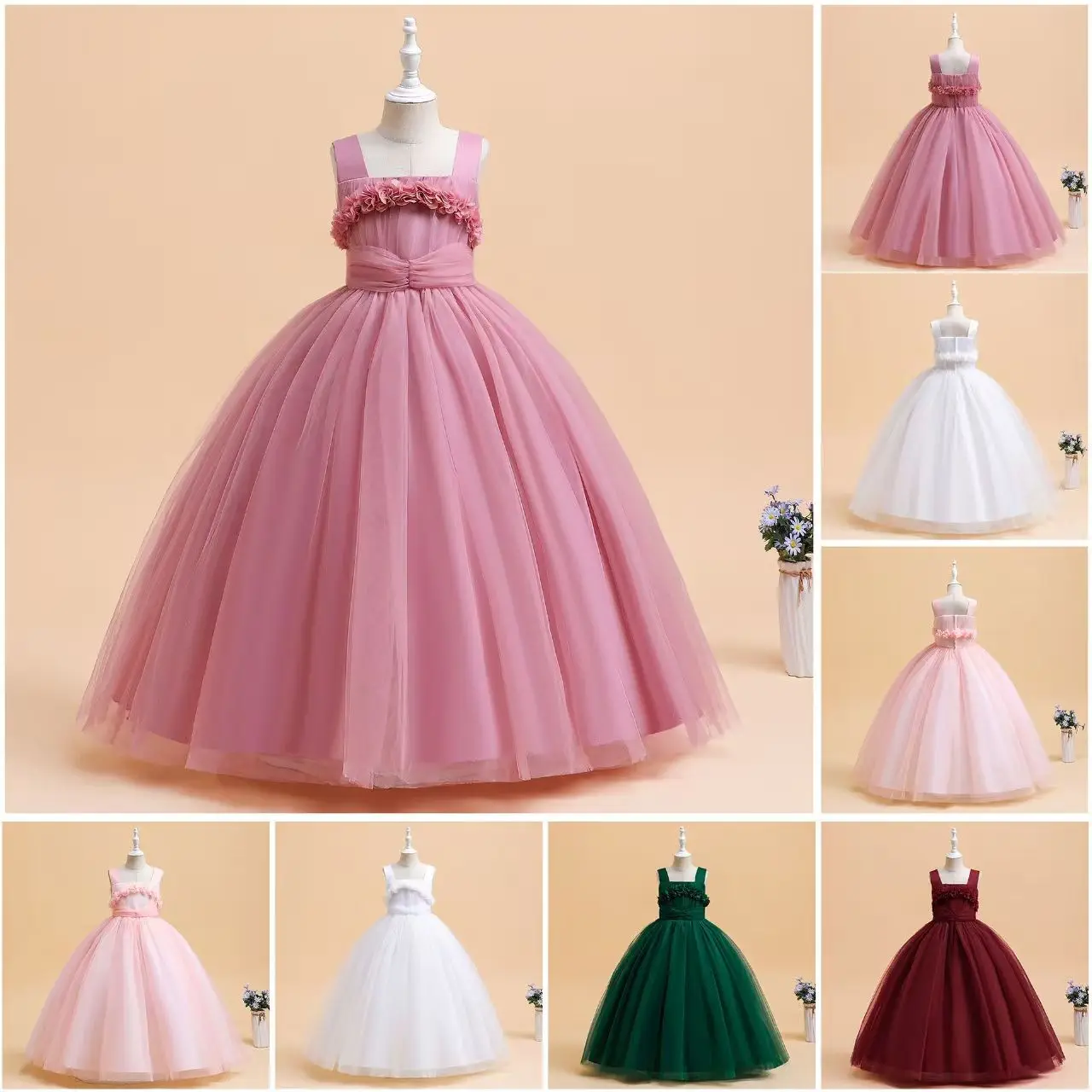

Christmas Princess Party Girl Dress Mesh Flower Long Bridesmaid Dresses Sleeveless Wedding Evening Gown Kids Birthday Clothes