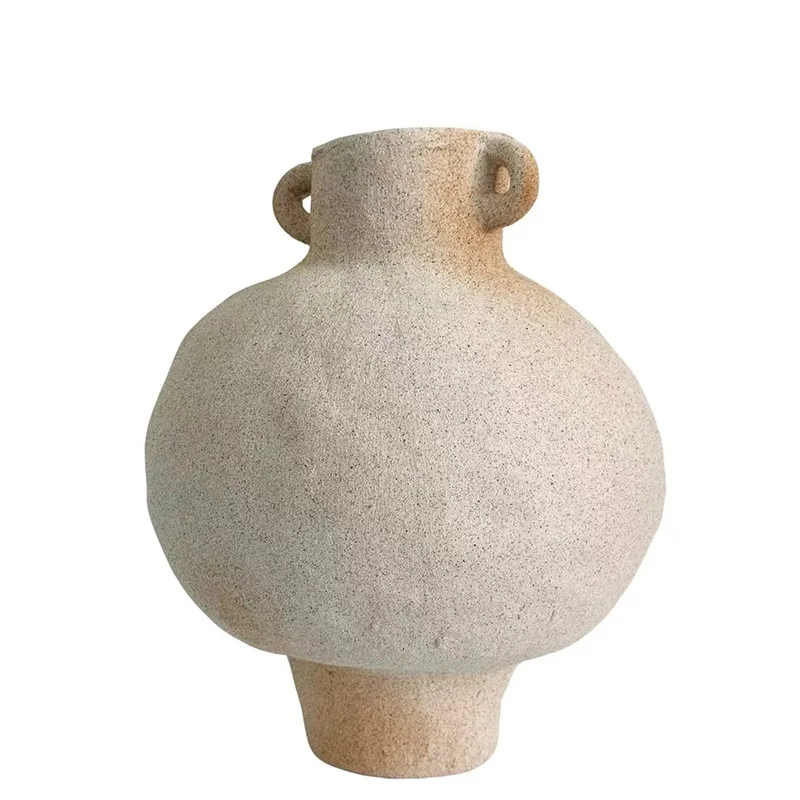 

Retro flower ware binaural vase coarse pottery wabi-sabi medieval pottery pot model room B & B ceramic decoration ornament