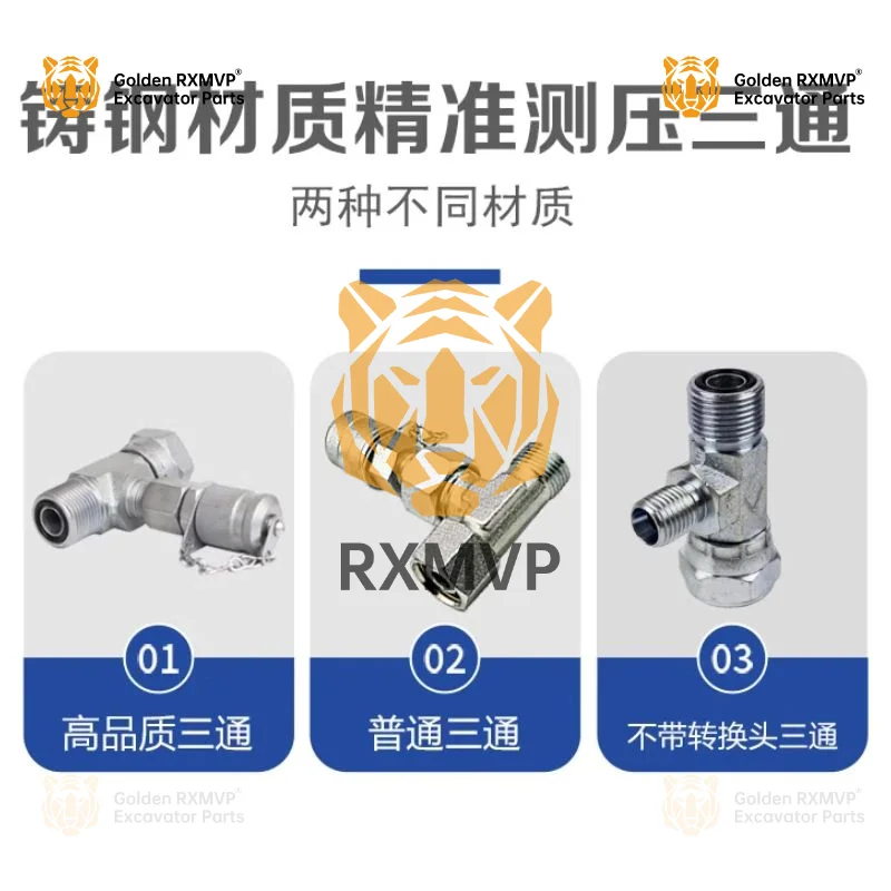 For Pressure Measuring Tee Joint Pilot Testing Distribution Valve Travel Hydraulic Pressure Gauge Adapter Set Excavator Parts