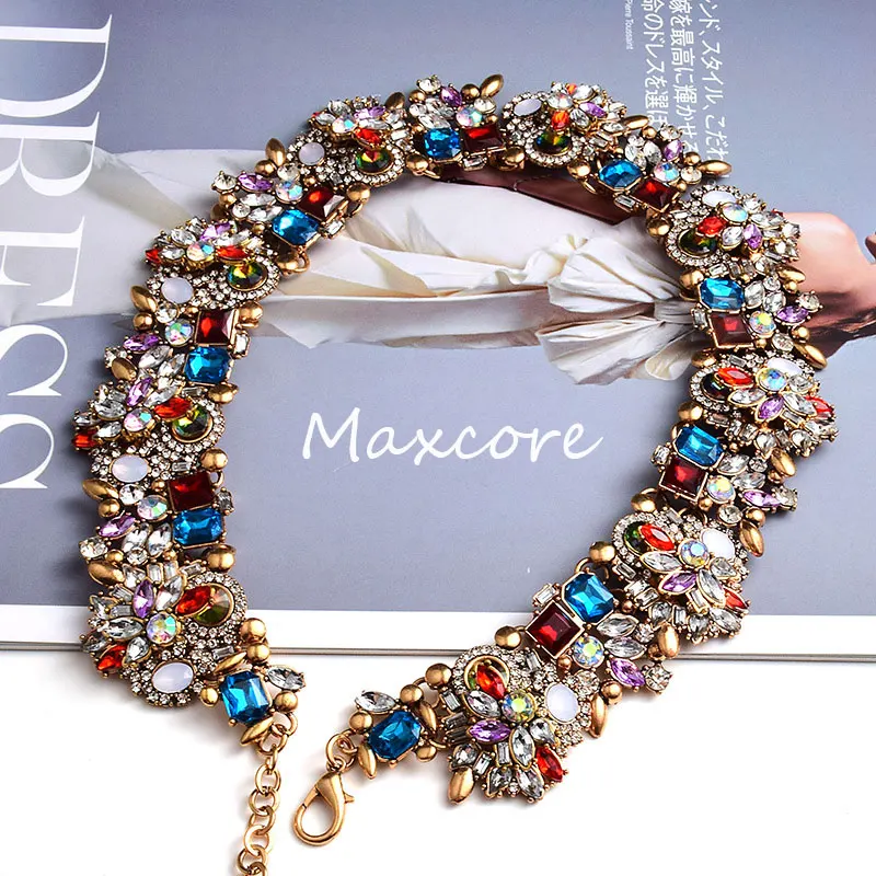 

Maxcore Multicolor Sparkly Rhinestone Necklaces 24K Real Gold Plated Austria Crystal Elements Heavy Craftsmanship Chockers