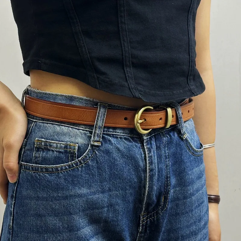 2.4CM wide genuine leather women's belt copper buckle youth student belt retro pure cowhide jeans belt