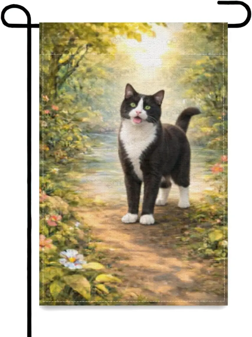 Sunlit Forest Garden Flag Tuxedo Cat Vibrant Perfect for Spring and Fall Gardens Double Sided Outside Yard Decoration Small  MMZ