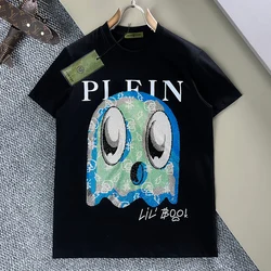 AlexPlein Monster Rhinestones Diamonds Men's Fashion Clothing Streetwear Trendy Unisex 2023 Summer Round Neck ShortSleeve Cotton