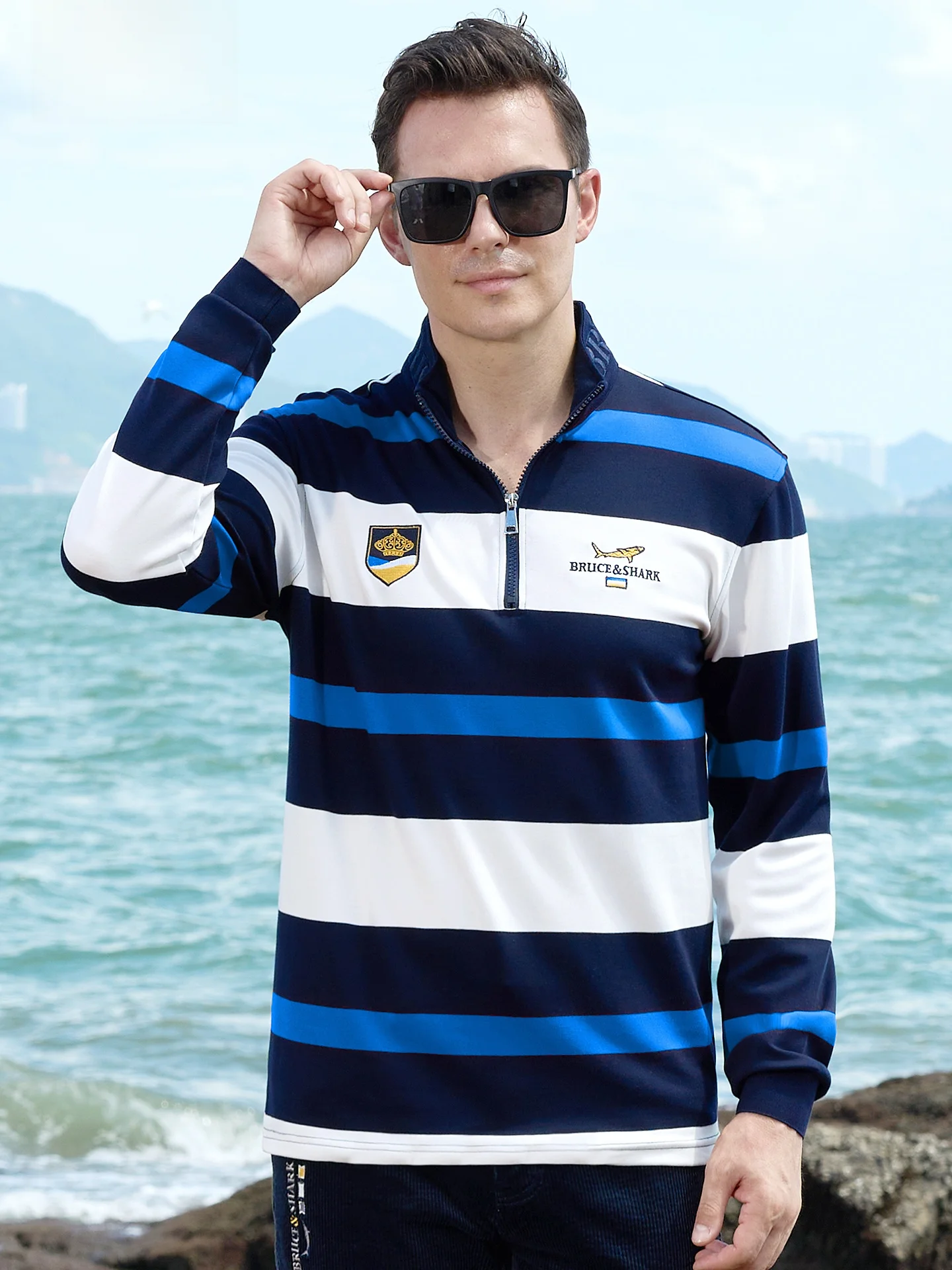 

Spring Autumn Men's Striped irt Long Sve Stand Collar Loose Fit Faion Brand Bruce & ark Casual Sle Breathable...