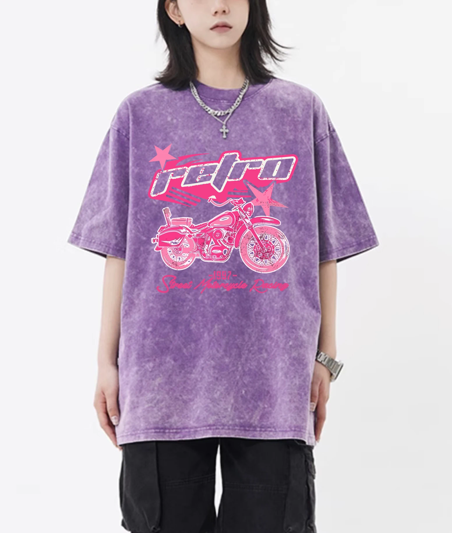 Retro Motorcycle Printed Snow Wash Woman Tee Shirts Cotton Cool T Shirt Hip Hop Washed Short Sleeve Trendy Crewneck Top