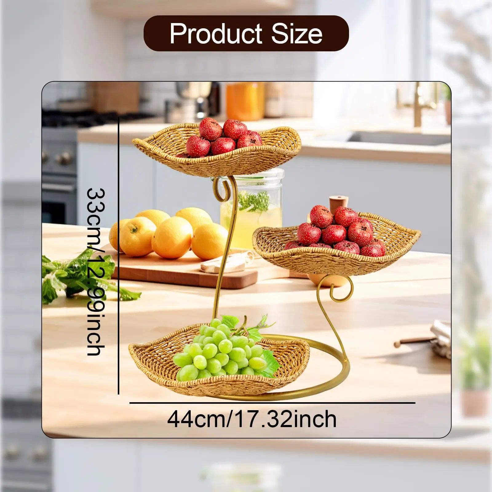 Keranjang Buah 3 Tingkat Berdiri Meja Rak Sayuran Rotan Imitasi