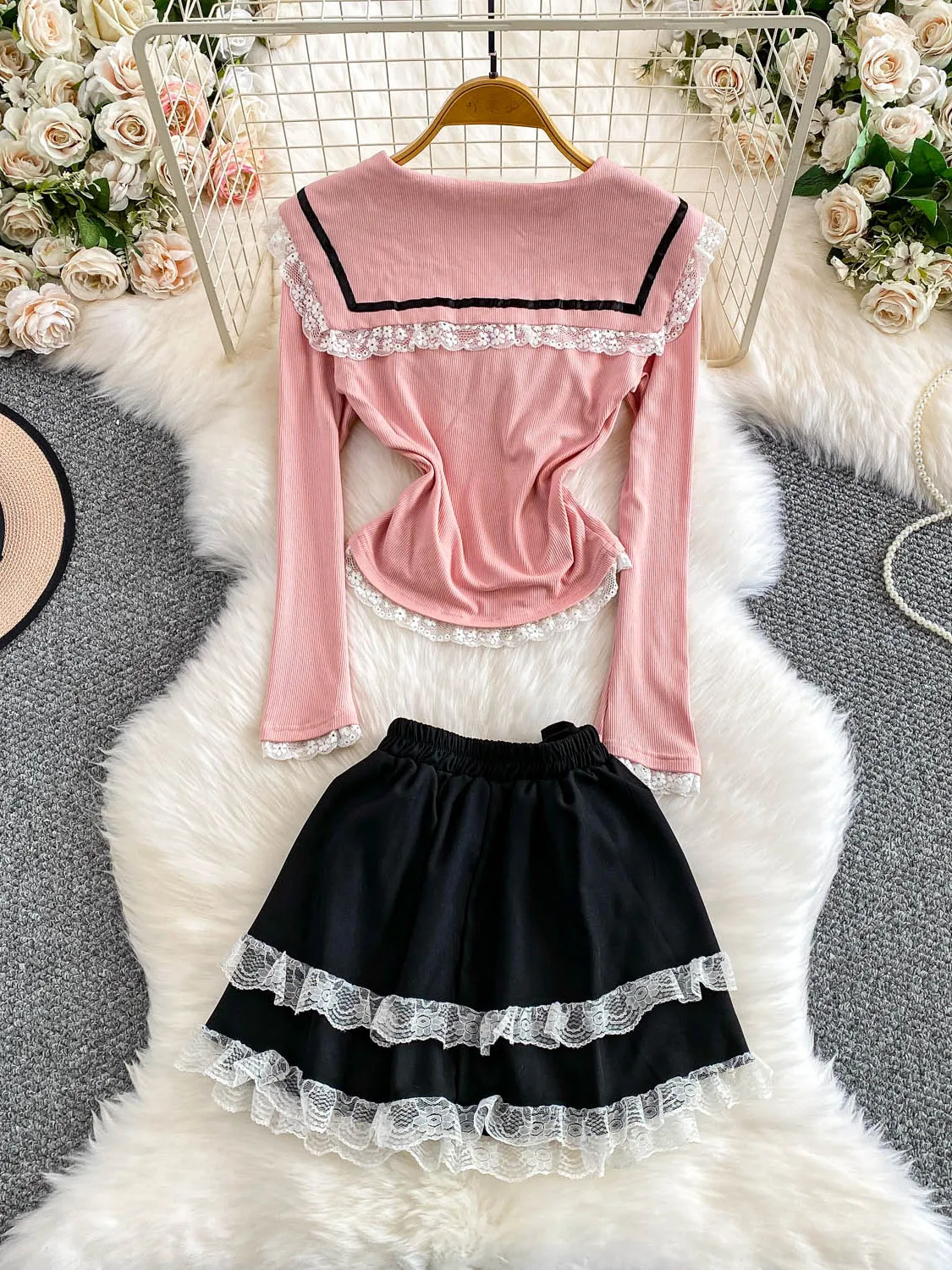 Atasan Rajut Ele Sweet dengan Renda dan Rok Cake High Waist Dua Potong Set Gaya Prancis Kasual untuk Musim Gugur