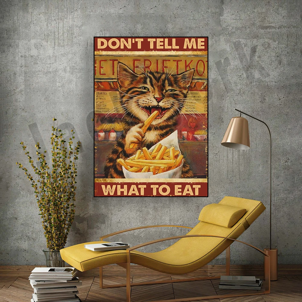 Cat don't tell me what to eat retro poster, funny cat eats fries canvas print, cat fries retro poster, cat gift
