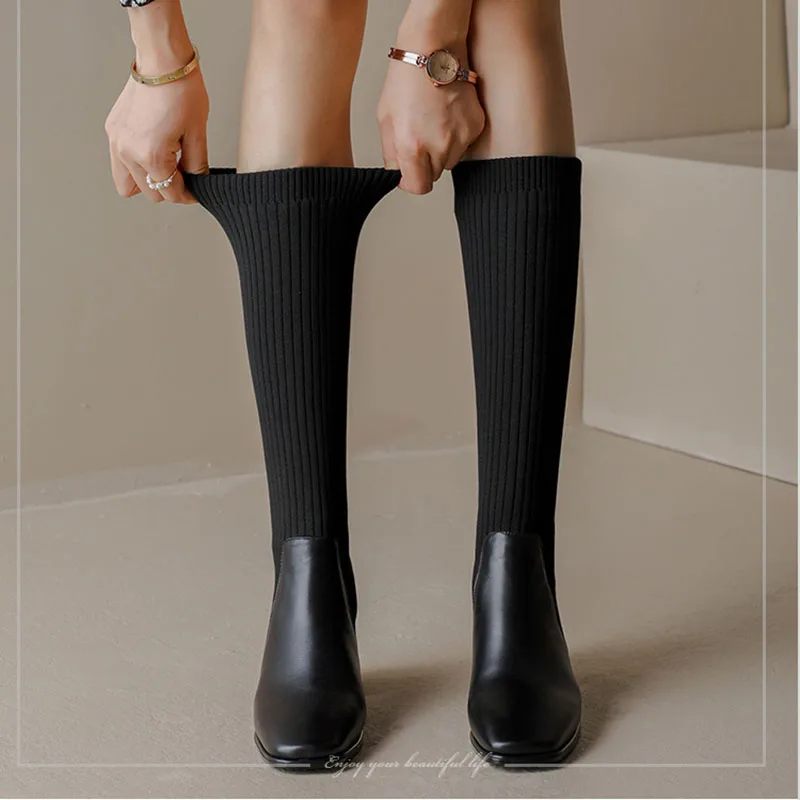 Sock Boots Women 2024 Spring Knee High Knitting Warm High Boot High Heels Weave Casual Designer Chunky Long Motorcycle Botas