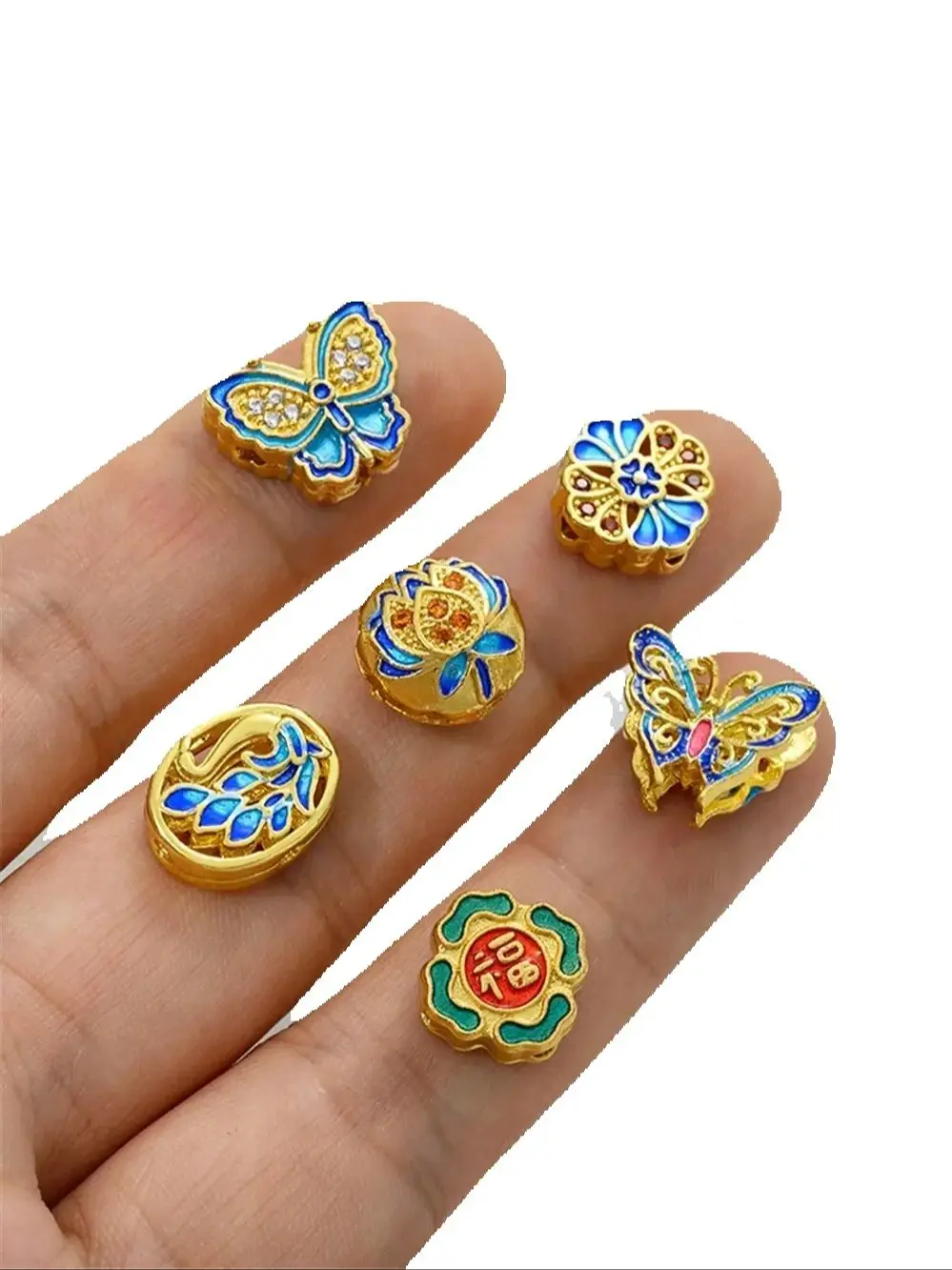 Copper Gold-plated Enamel Butterfly Auspicious Cloud Lotus Chinese Knot Back Cloud Blessing Cloisonne Bead DIY Accessories