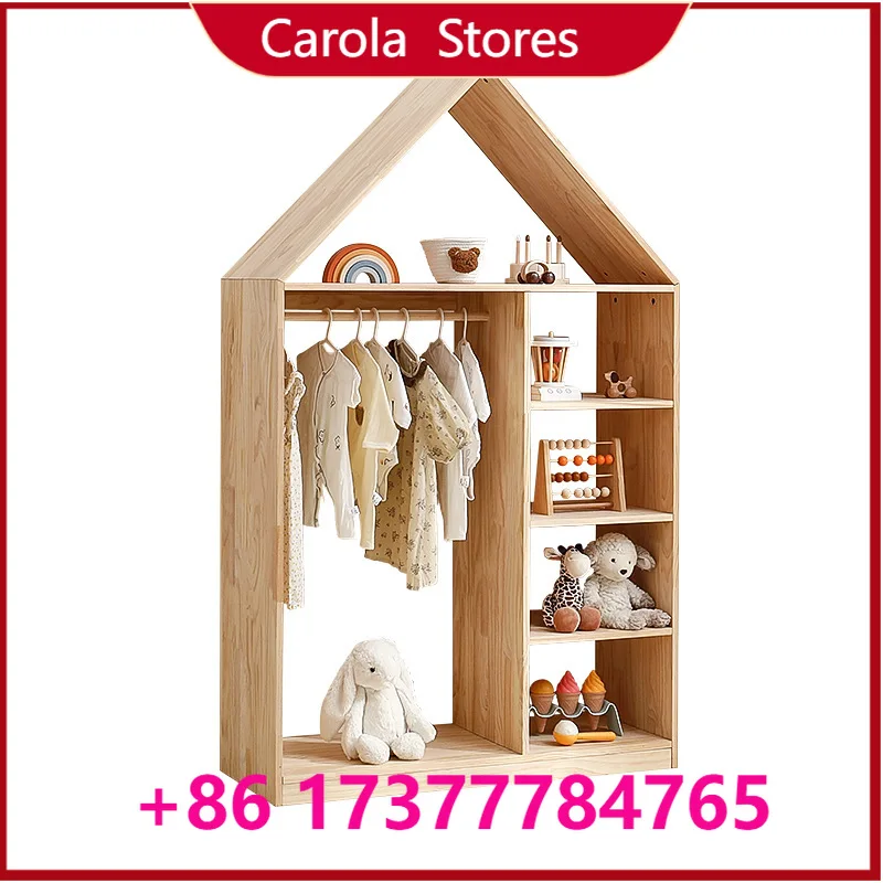 Kids Solid Wood Wardrobe 2-in-1 Clothes & Doll Storage Cabinet, Bedroom Baby Closet for Children Room Garment Toy