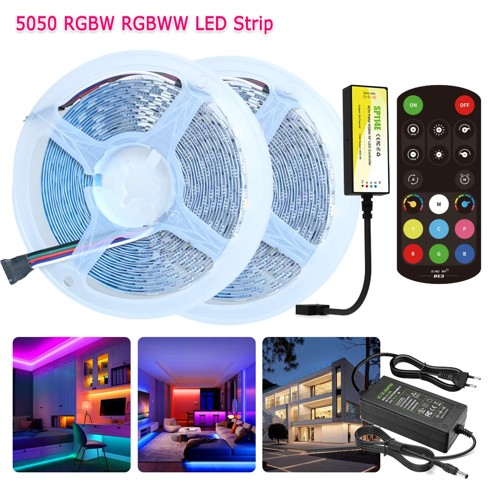 5m 10m RF Remote Control 12V 5050 RGBW RGBWW Led Strip Dimmable Flexible Room Party Game Light Decor Dynamic Color Timer Power
