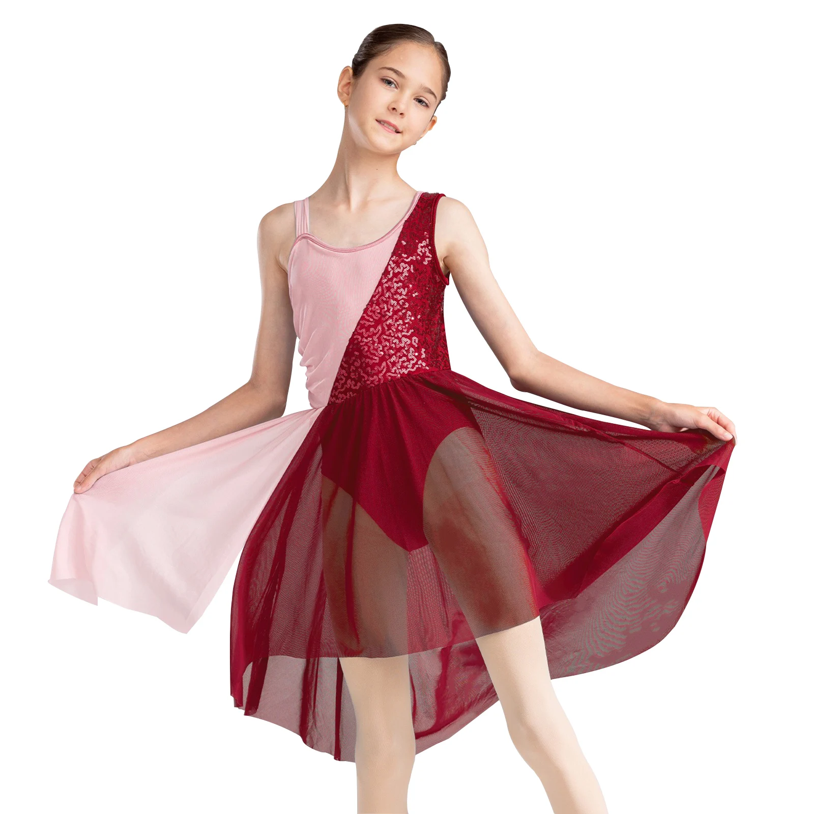 

Kids Girls Modern Lyrical Dance Dress Sleeveless Sequins Ballet Gymnastics Leotard Figure Skating Stage Performance Dancewear