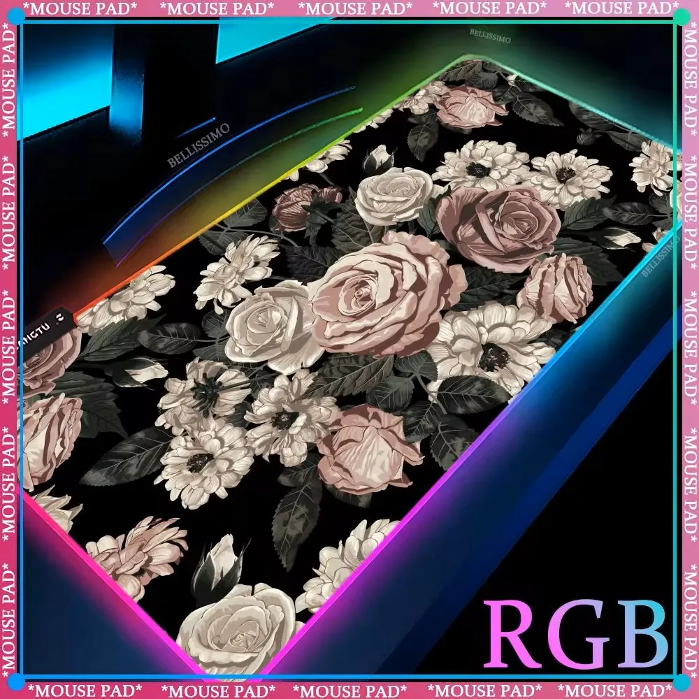 Black Oversized Desk Mat RGB Flower Mouse Pads Aesthetic Rubber Non-slip Computer LED Gaming Keyboard Pad XXXL Gaming Desk Mats