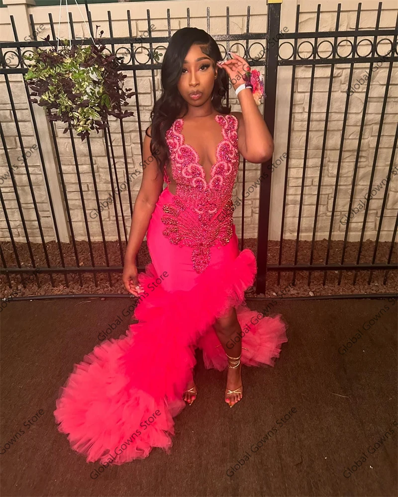 Fuchsia O Neck Deal Long Prom Dress For Black Girls 2024 Beaded Rhinestone Birthday Party Dresses Ruffles High Slit Evening Gown