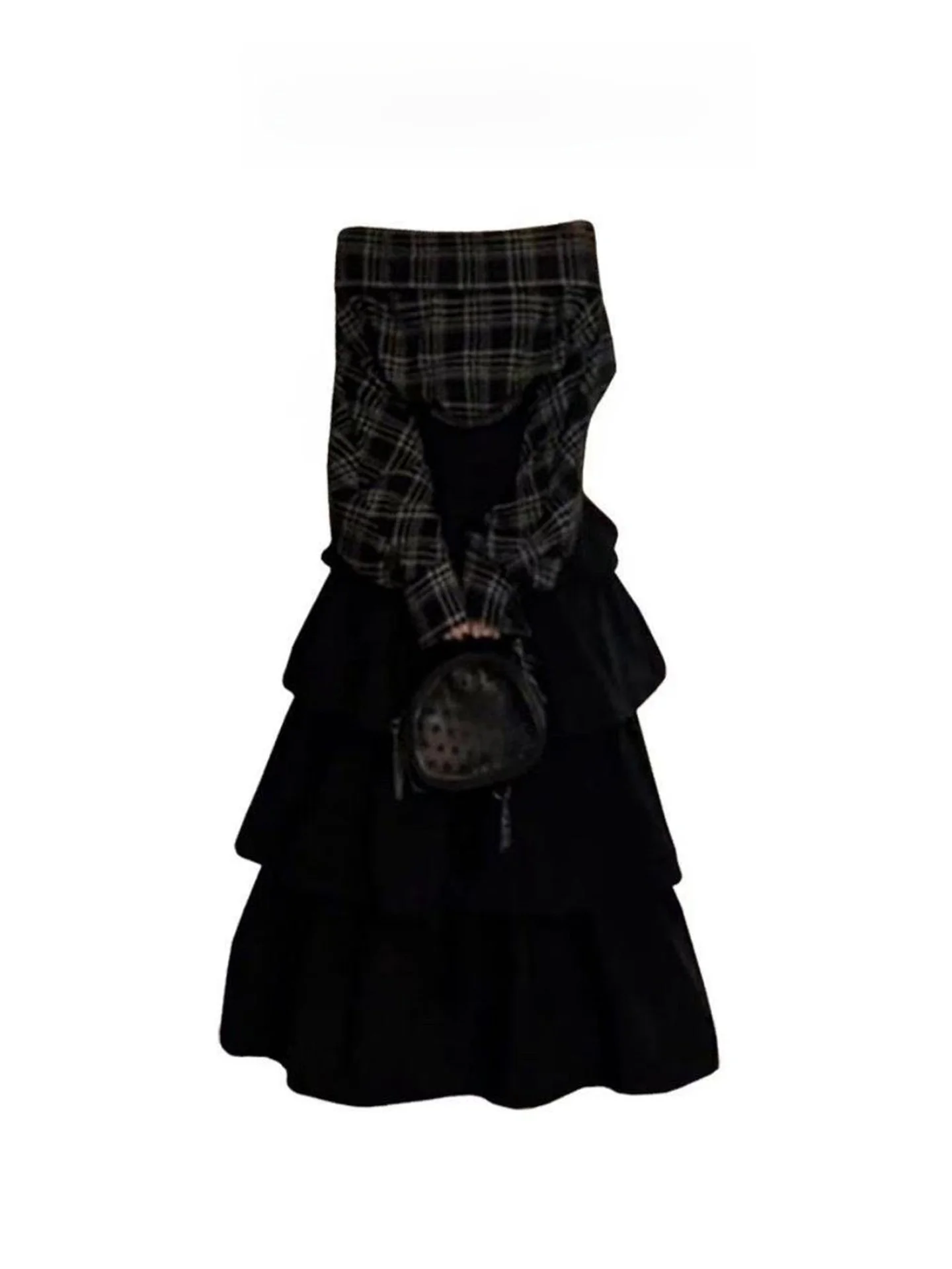 

Модный винтажный повседневный комплект: женская осенняя юбка-кейк в клетку на одно плечо и длинная юбка-платье для стильных девушек