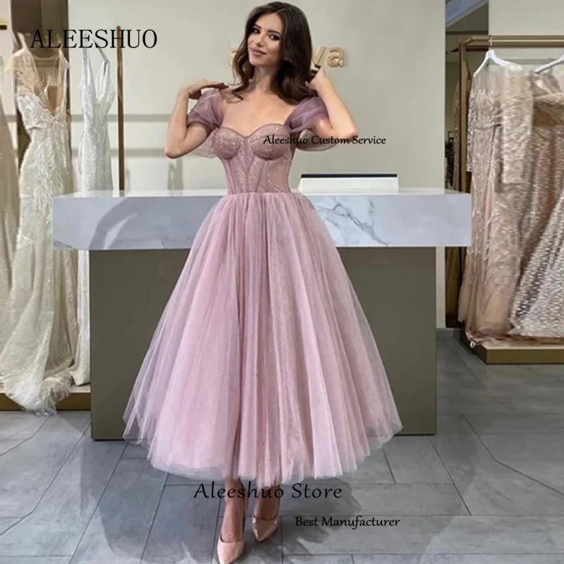 Aleeshuo Simple A-Line Prom Dresses Organza Off The Shoulder Strapless Evening Dress Saudi Arabia Ankle-Length Cocktail Occasion