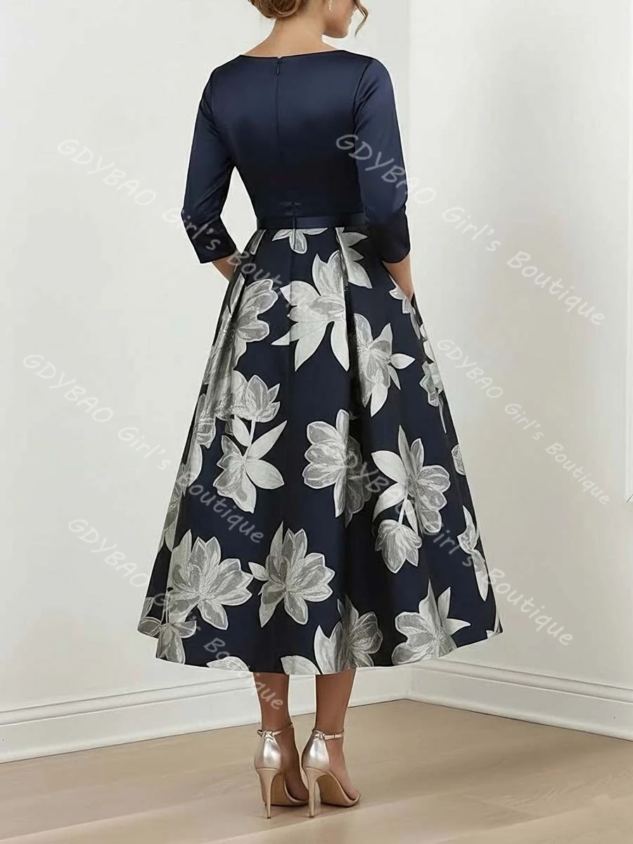 A-Line/Princess V-Neck Satin Mother of the Bride Dresses Tea-Length 3/4 Sleeves Printed Cocktail Dress Custom Vestidos de Festa