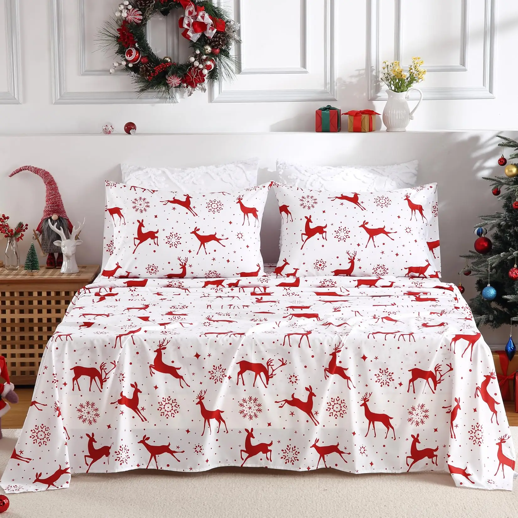 Christmas Sheets Queen/King Size - Red Reindeer Brushed Microfiber Bedding Set, 16