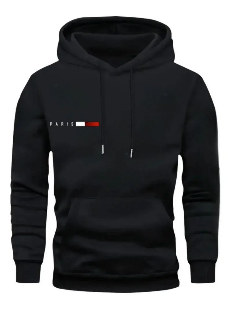 Men Paris Letter‑Print Knitted Pullover Hoodie Casual Long‑Sleeve Hooded Sweatshirt with Kangaroo Pocket