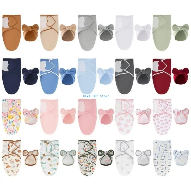 

24BE Infant Bonnet Hat Baby Turban Hat Bowknot Boneless Hat for Boys Girls Breathable Hospital Hat with Swaddles Wrap Set