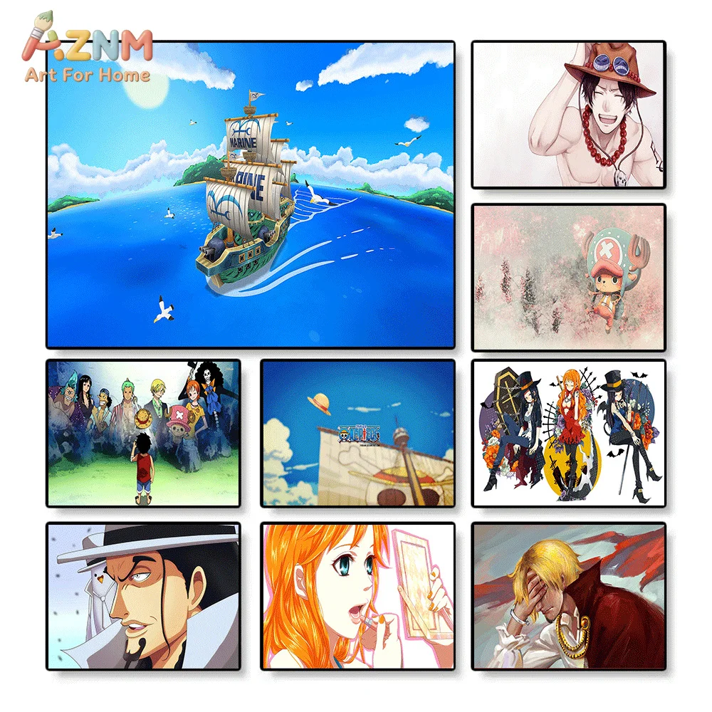 Póster de Lona de Anime One Piece, Barco de Guerra Marino, Ace, Chopper, Nami, Sanji, Tripulación del Sombrero de Paja, Paisaje Oceánico, Impresión Artística sin Marco