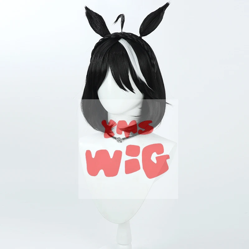 New Uma Musume Kitasan Black Cosplay Wig Uma Musume Pretty Derby Cosplay Black White Wig with Bangs Ears Synthetic Hair