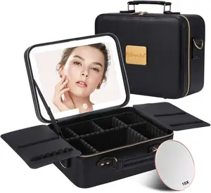 LED Lighted Travel Makeup Bag with 10x Magnifying Mirror, Adjustable Dividers & Portable Storage (Black Leather)