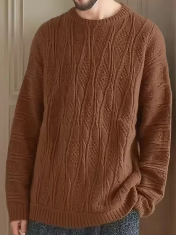 

Spring Autumn Vintage Texture Crochet Knit Jumper Mens Trendy Long Sleeve O Neck Knitting Sweater Stylish Men's Knitted Sweaters