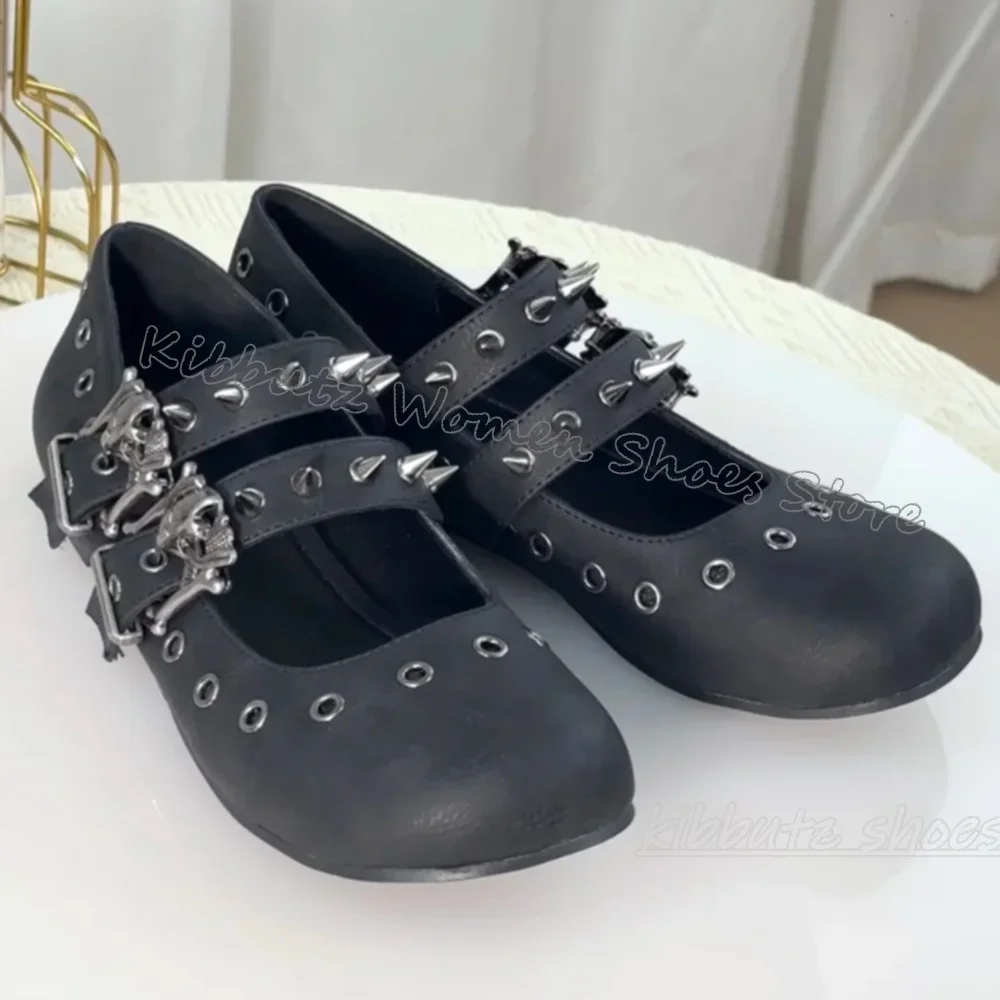 Gothic Ballet Pumps Punk Rock Belt Buckle Rivets Solid Color Slip-On Fashion Novelty Luxury Sexy Shoes Square Toe Flat with New view 3
