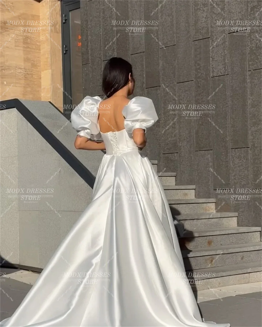 MODX 2026 فستان زفاف بياقة مربعة من الساتان على شكل حرف a وأكمام منتفخة فستان زفاف طول الأرض Vestidos Novias Boda مخصص للنساء #4