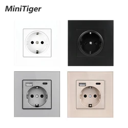 Minitiger USB Power Socket,Glass Panel, Type-C Port,AC 110V-250V 16A Wall Embedded, USB A+C EU Standard Outlet