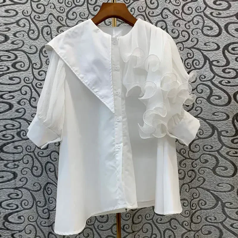 KUSAHIKI Korean Folds Ruffle Patchwork Blouse Tops Causal Short Sleeve Turn-down Collar Blusas Shirt 2023 New  Mujer 6J041