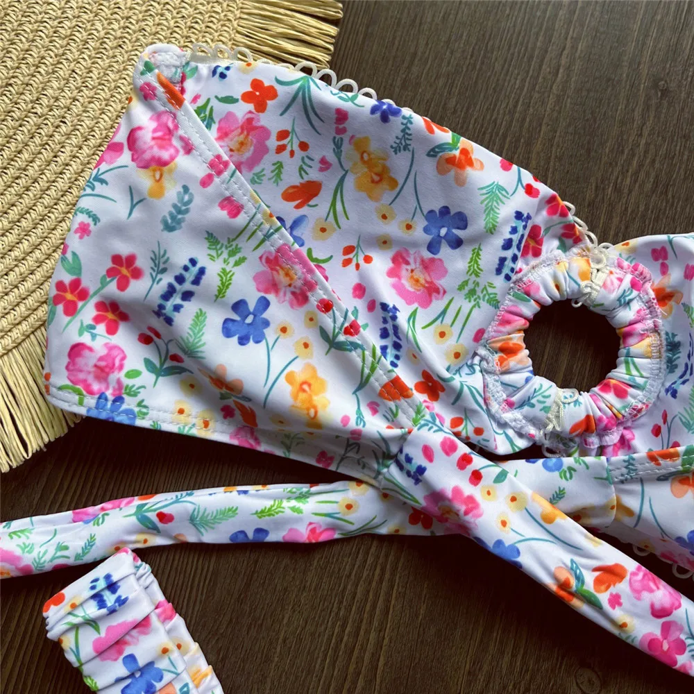 Sexy Floral Print Bandeau Bikinis Sets Woman Swimsuit 2025 Ring Ruched Back Knotted Swimwear High Cut Bathing Suit Bikini Dames
