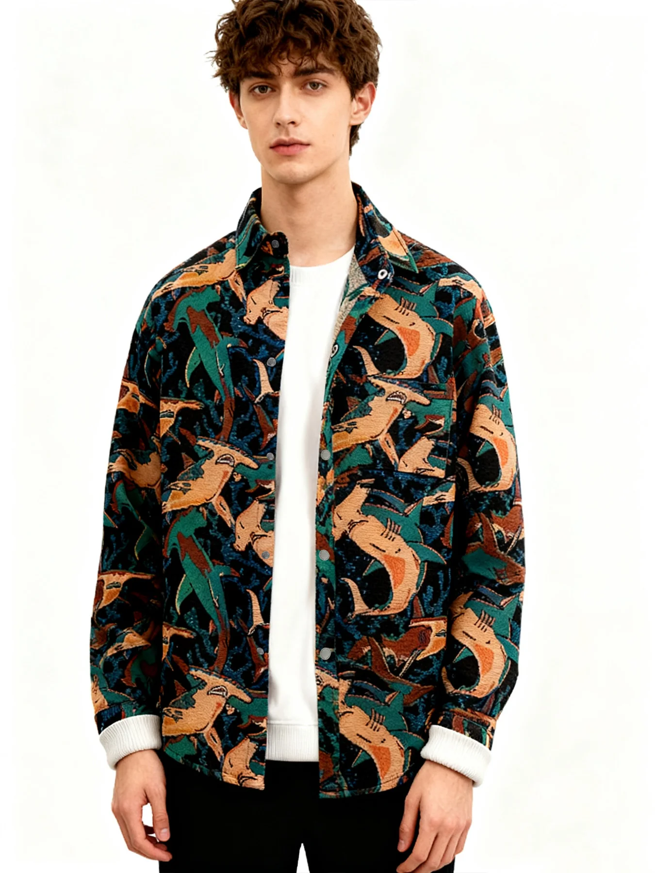 

Spring and autumn new shark jacquard woven color-painting stylish casual jacket for men, trendy and versatile.