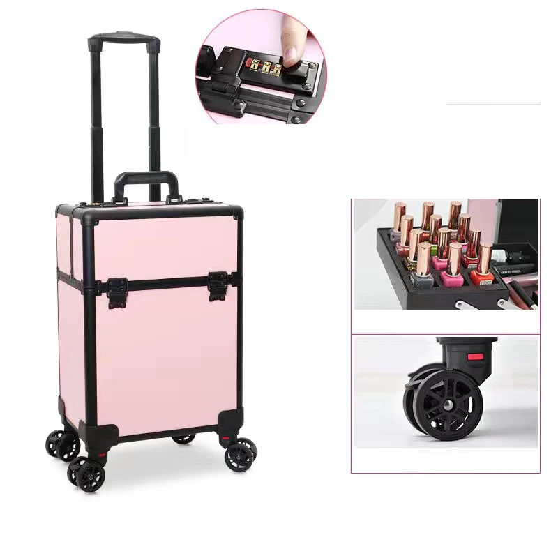 Étui à cosmétiques multicouche grande capacité boîte tatouage des ongles sac à bagages roulant trousse de maquillage multi-fonction chariot valise voyage