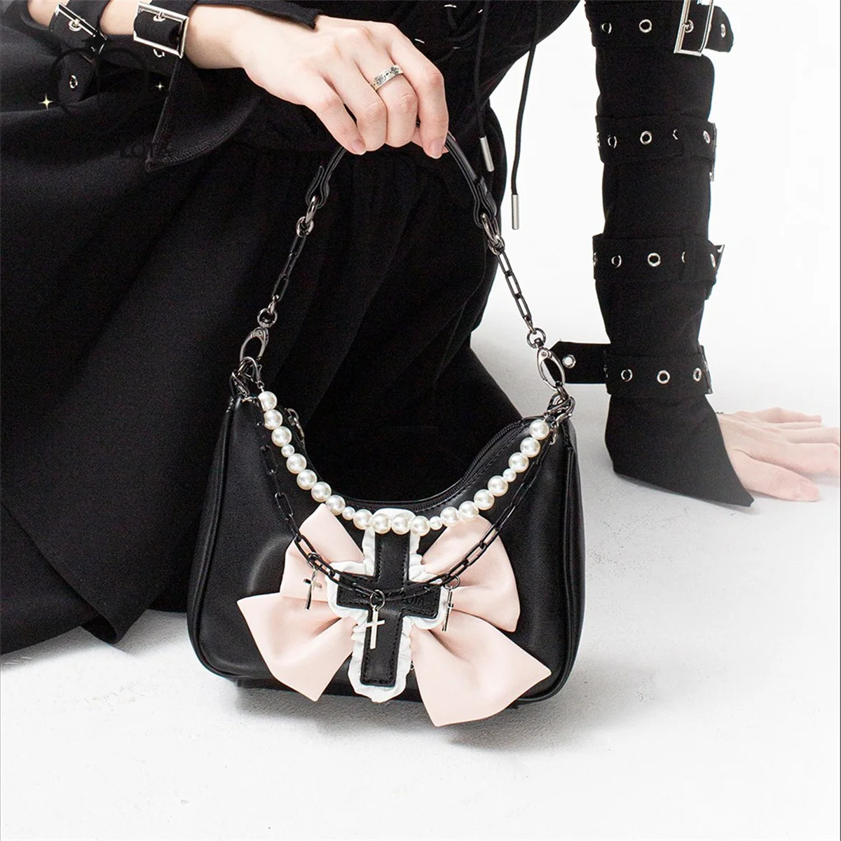 

Japanese Sweet Style Lolita Cosplay Girls Bag Bowknot Ruffle Cross Gothic Pearls Metal Chain Shoulder Handbag Crossbody Bag