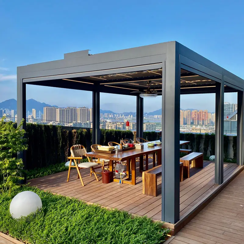 

Modern Outdoor Sturdy Panoramic Garden Pavilion Adjustable Blinds Aluminum Alloy Leisure Pergola Anti Rust Fashionable Gazebo