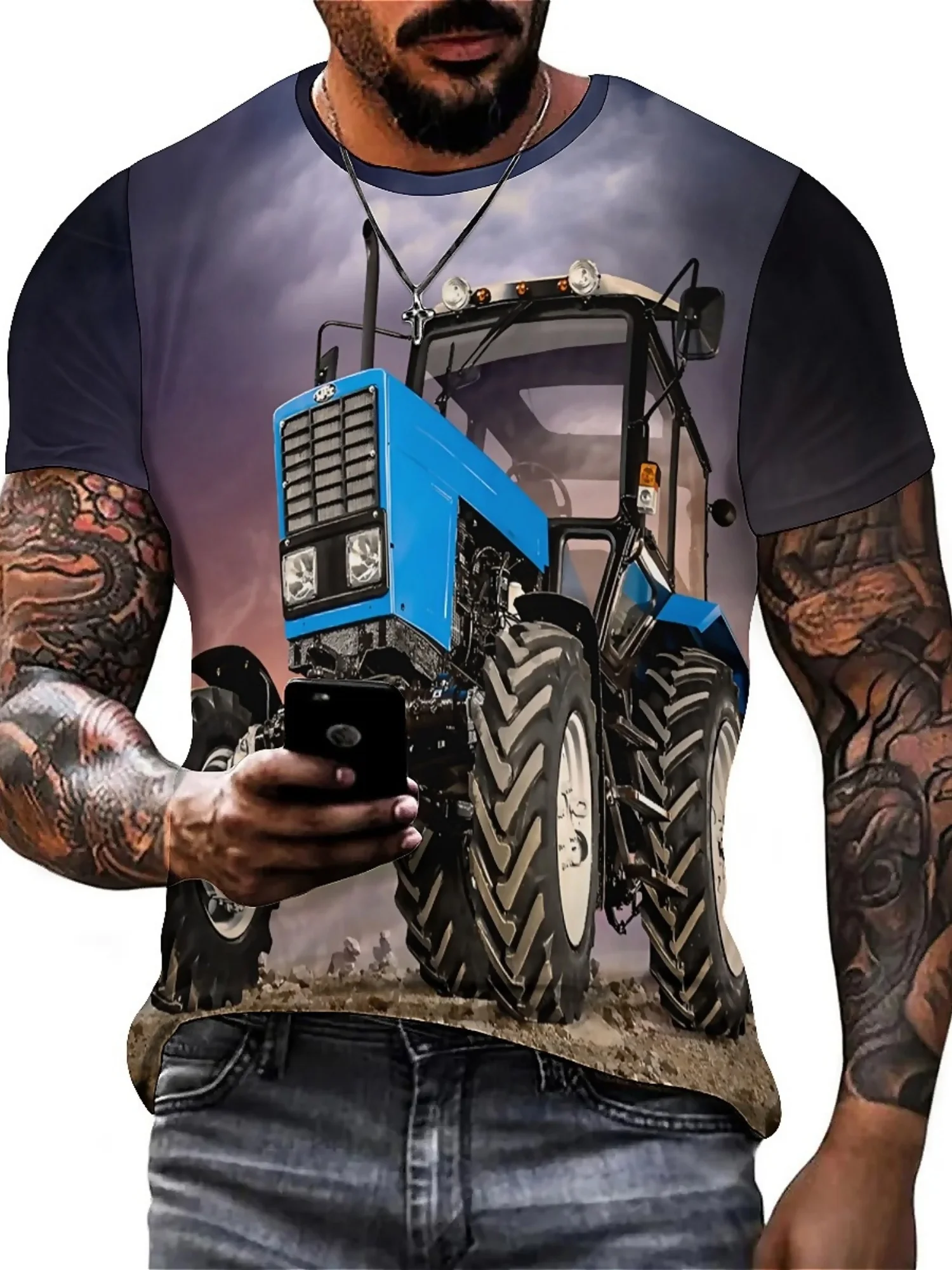 Men's & Women's 3D Print Short Sleeve T-Shirt - Silky Polyester Fabric, All-Season Comfort, Geometric Tractor Design,